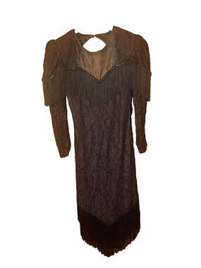 Vintage Girls Black Lace Fringe Dress Flapper Dance Party Keyhole Size 11/12 80s